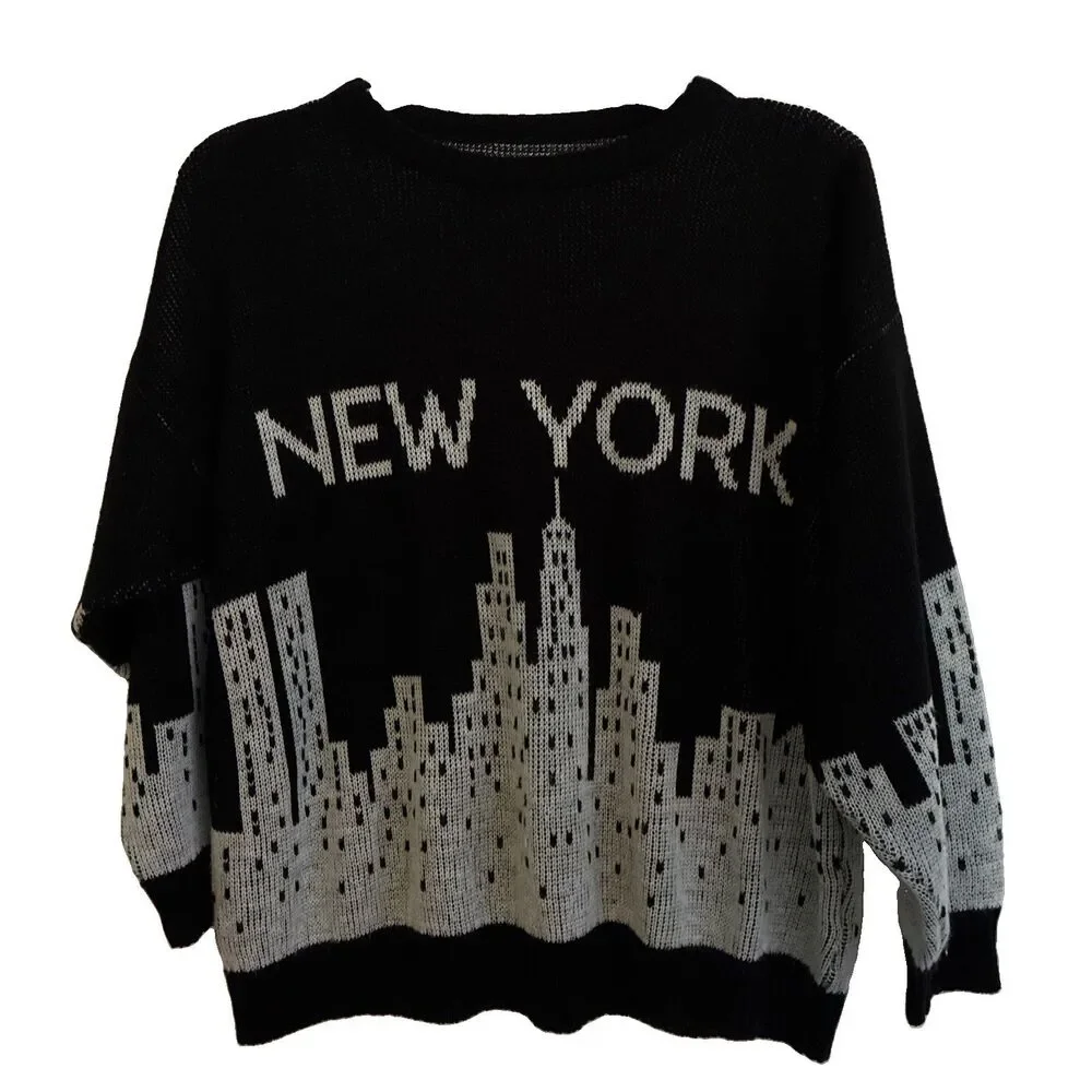 VTG Sweater New York Graphic Knit Pullover Crewneck Black Long Sleeve USA Made
